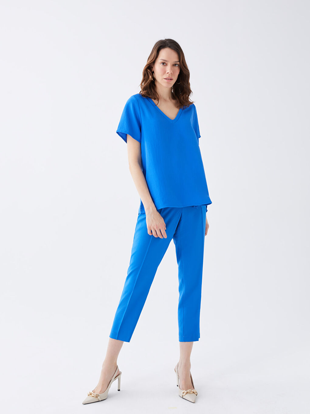 V-Neck Plain Short Sleeve Women's Blouse-2