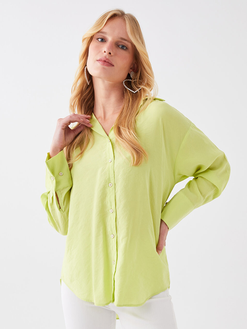 Yeşil Kadın Düz Uzun Kollu Gömlek