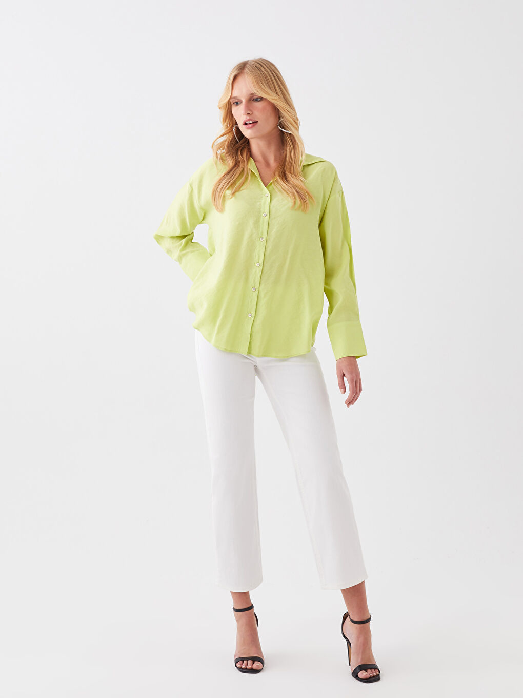 Yeşil Kadın Düz Uzun Kollu Gömlek-1