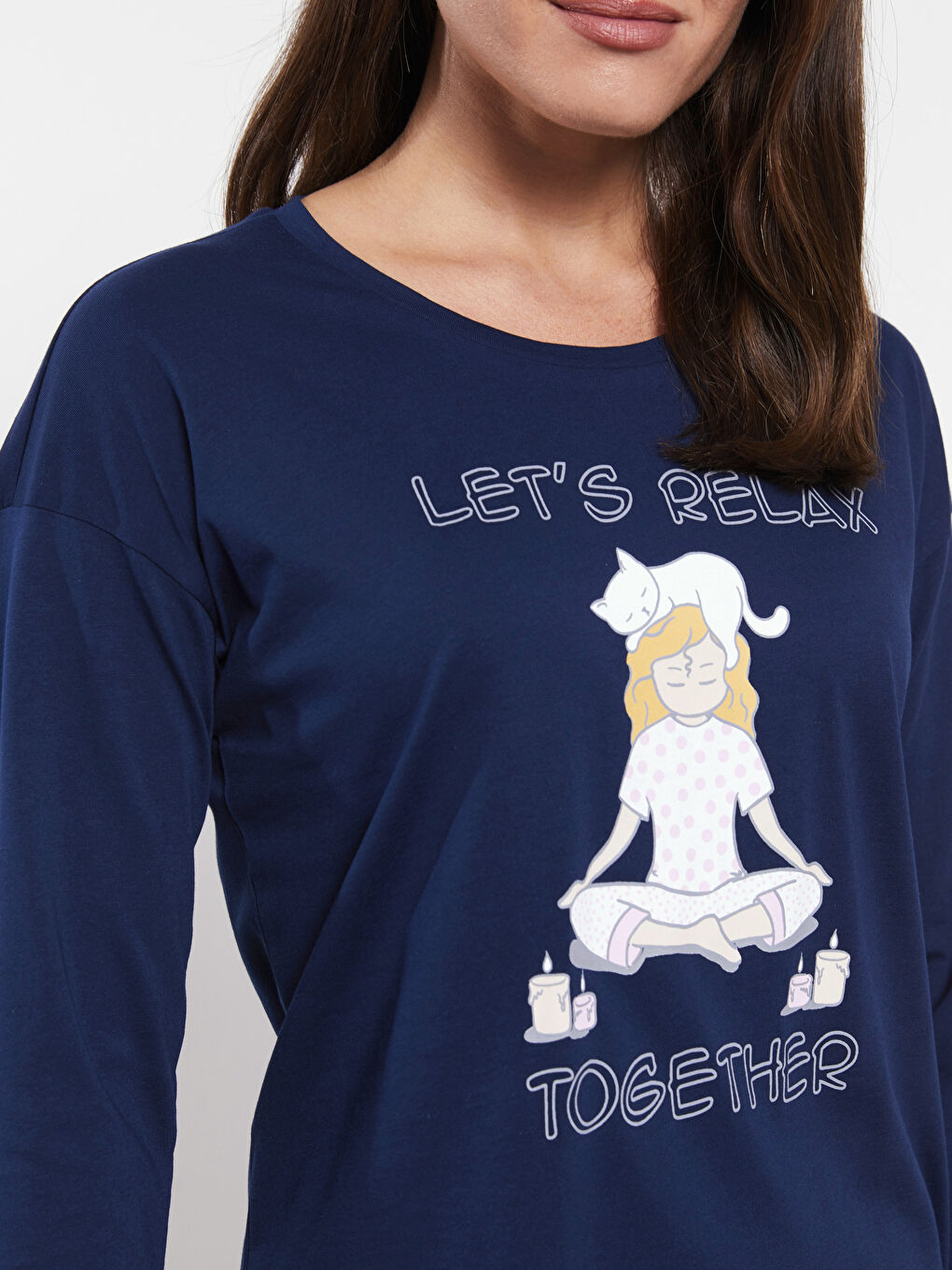 طقم بيجامة كم طويل مطبوع بياقة دائرية للسيدات-3