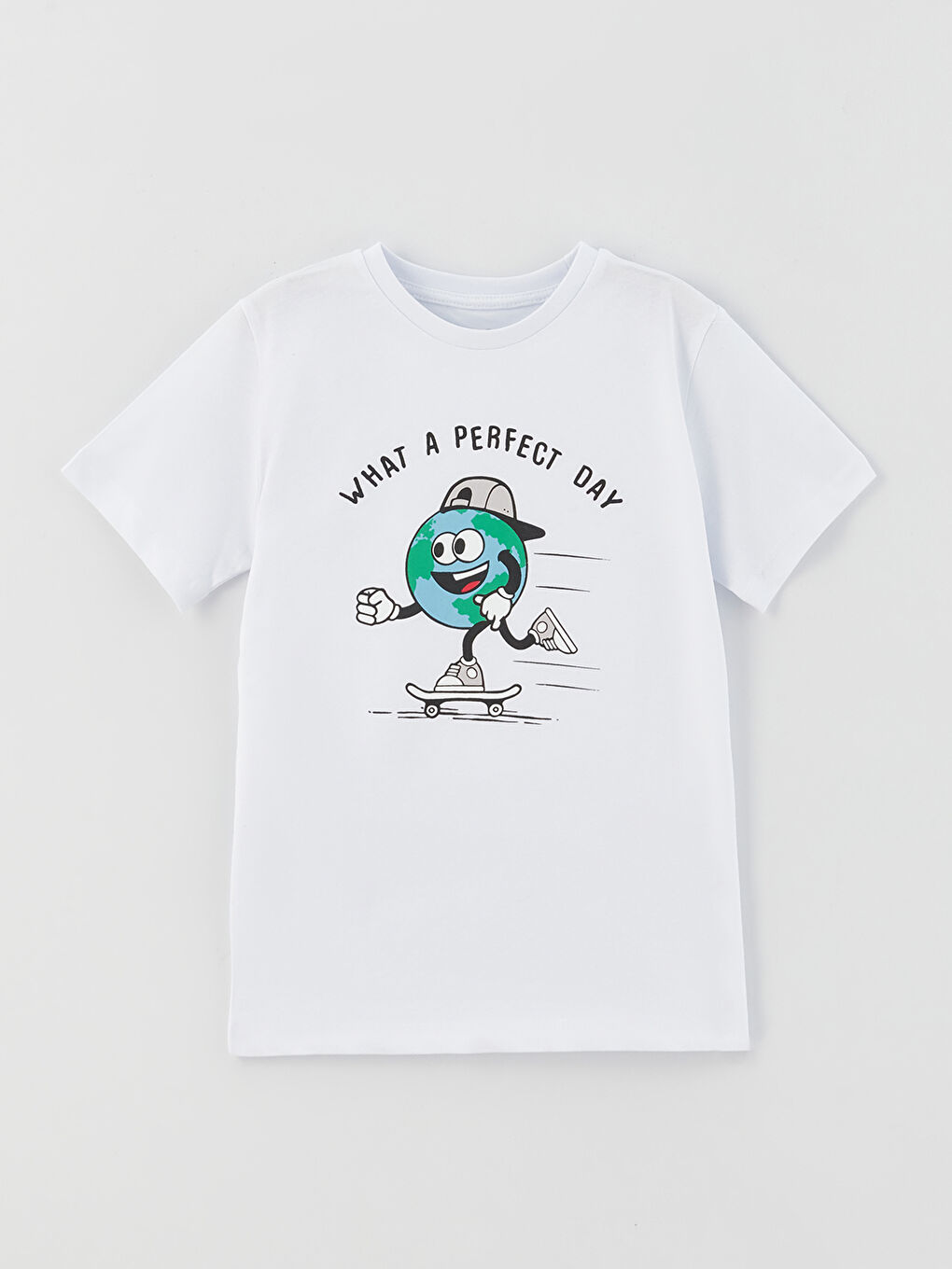 Beyaz Bisiklet Yaka Baskılı Kısa Kollu Erkek Çocuk Tişört