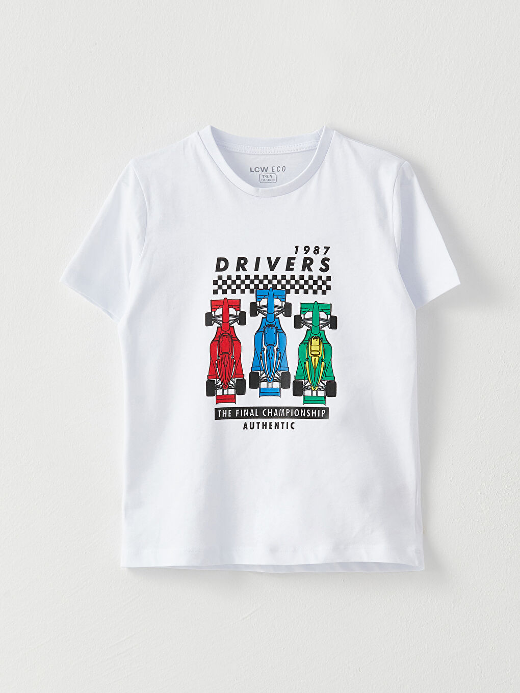 Beyaz Bisiklet Yaka Baskılı Kısa Kollu Pamuklu Erkek Çocuk Tişört