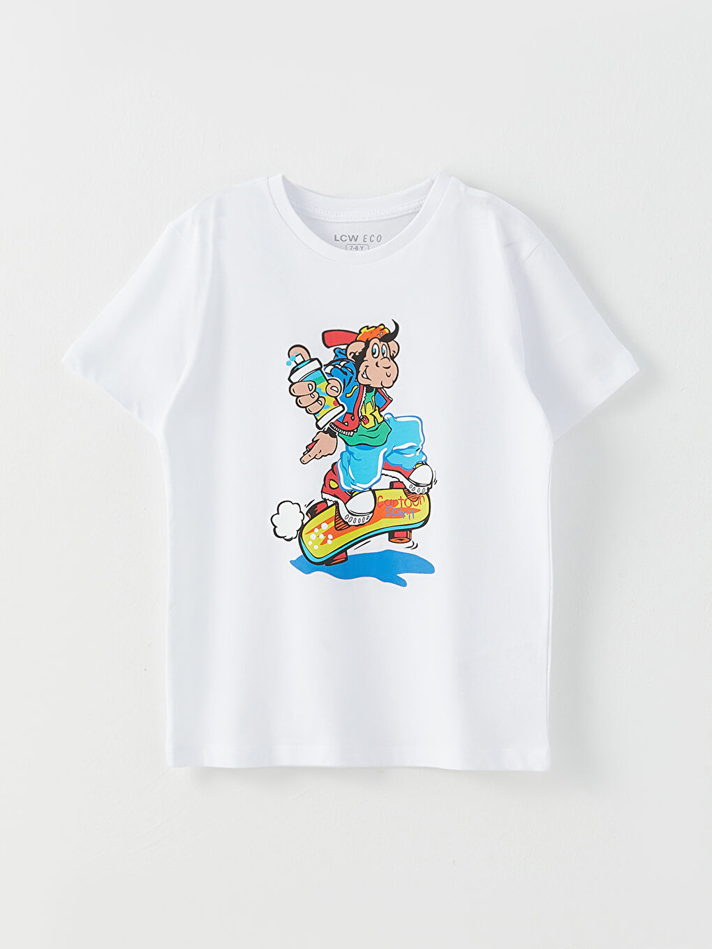 Beyaz Bisiklet Yaka Nostaljik Maymun Baskılı Kısa Kollu Erkek Çocuk Tişört