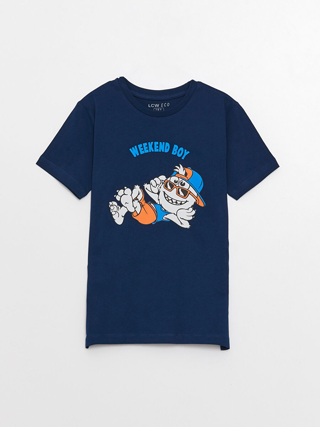 Lacivert Bisiklet Yaka Baskılı Kısa Kollu Erkek Çocuk Tişört