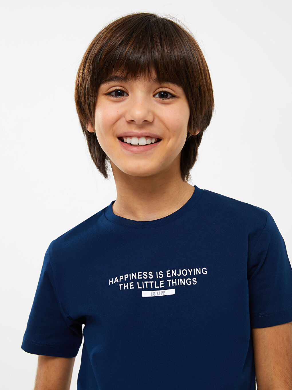 Lacivert Bisiklet Yaka Baskılı Kısa Kollu Erkek Çocuk Tişört