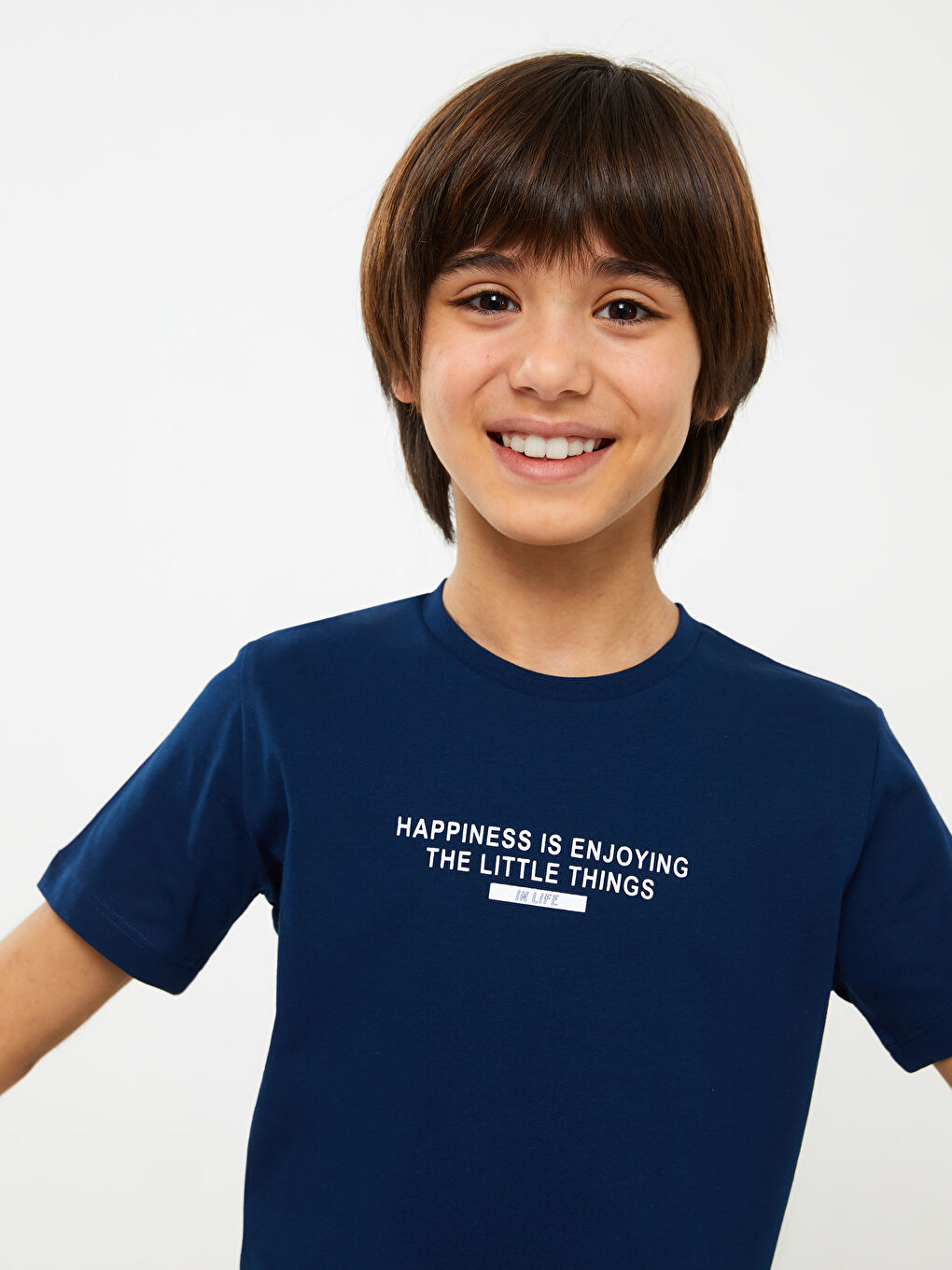 Lacivert Bisiklet Yaka Baskılı Kısa Kollu Erkek Çocuk Tişört-1