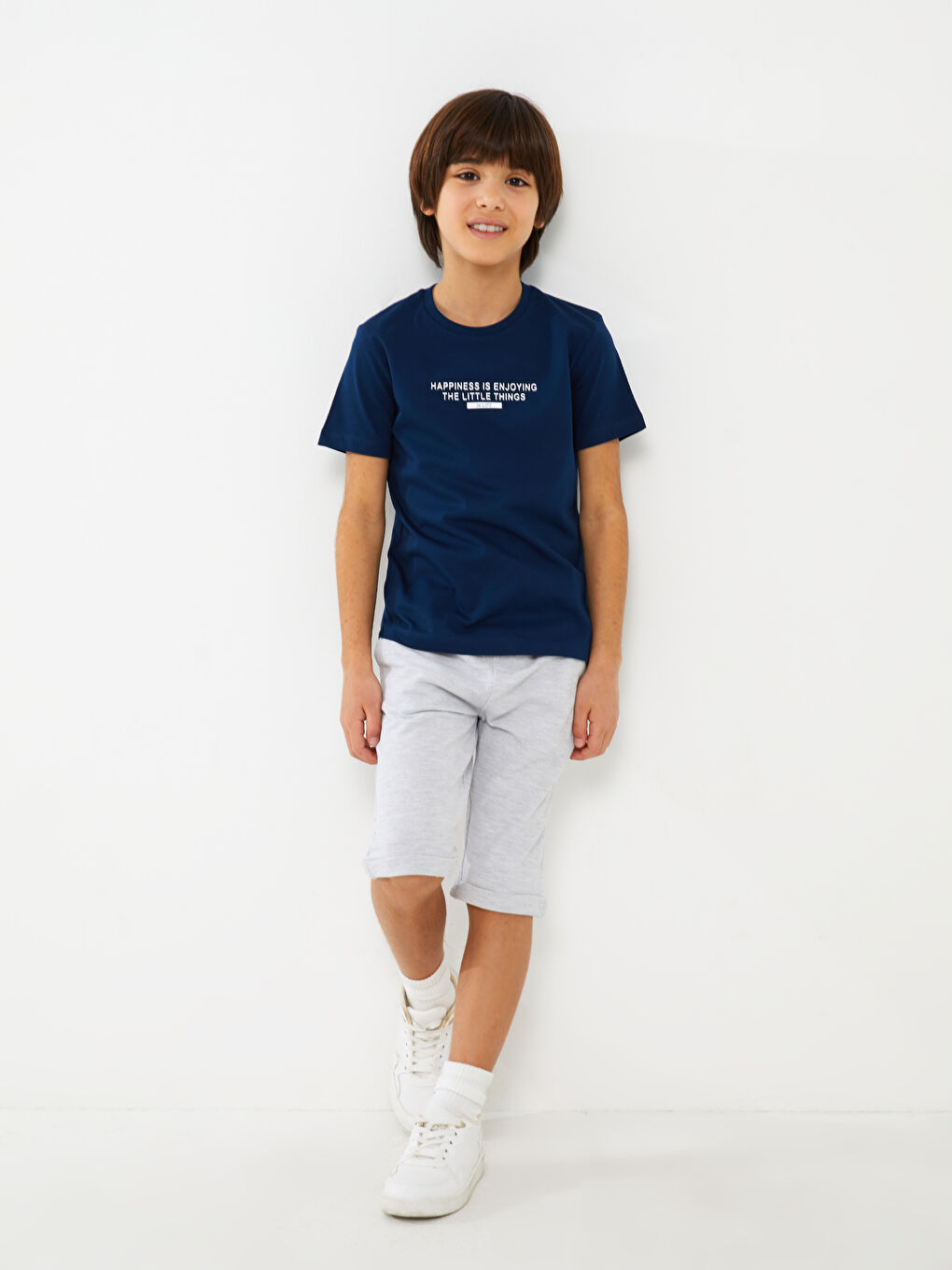 Lacivert Bisiklet Yaka Baskılı Kısa Kollu Erkek Çocuk Tişört-3