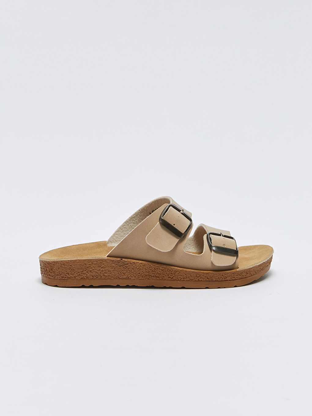 Bej Çift Bantlı Toka Detaylı Kadın Terlik-1