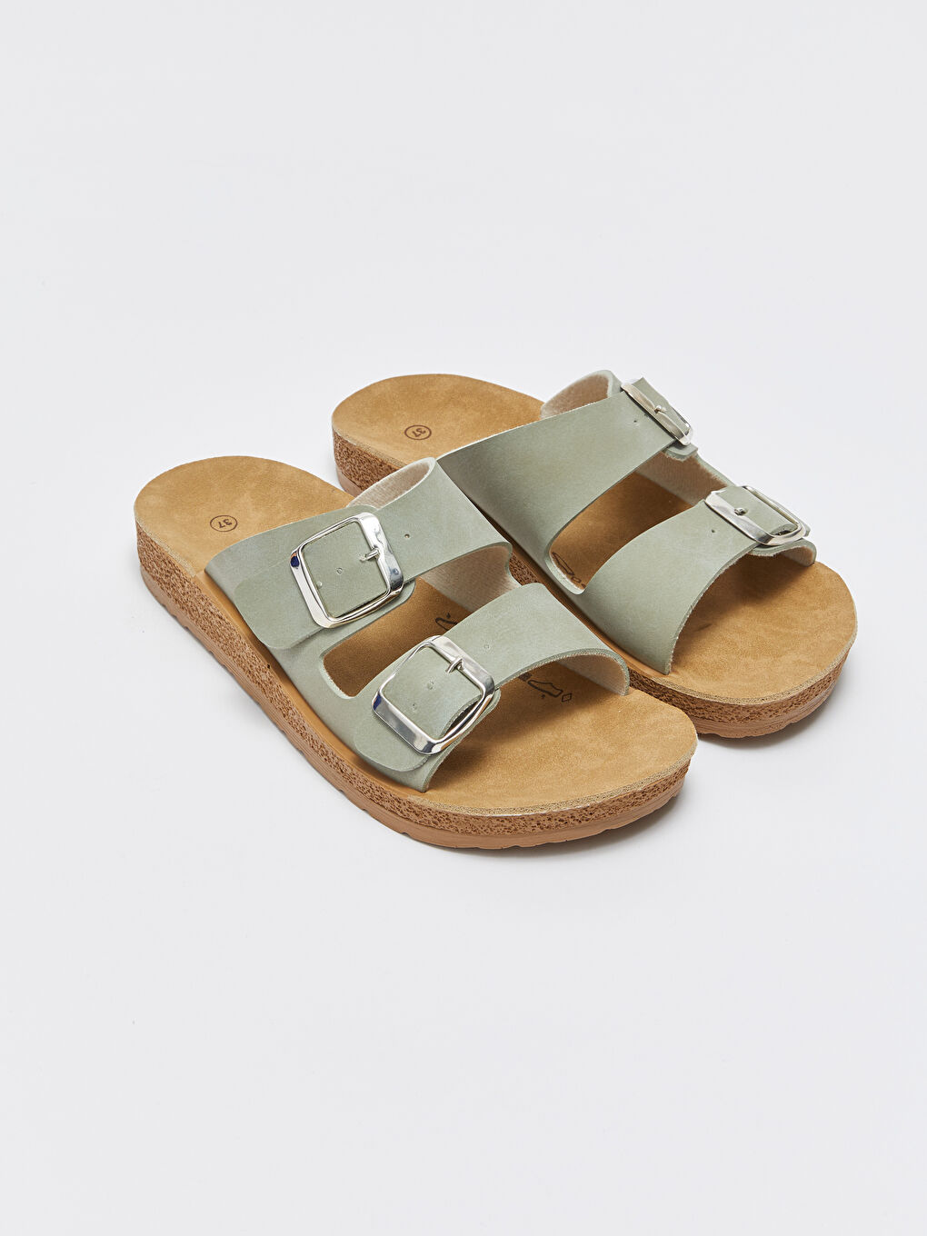 Yeşil Çift Bantlı Toka Detaylı Kadın Terlik