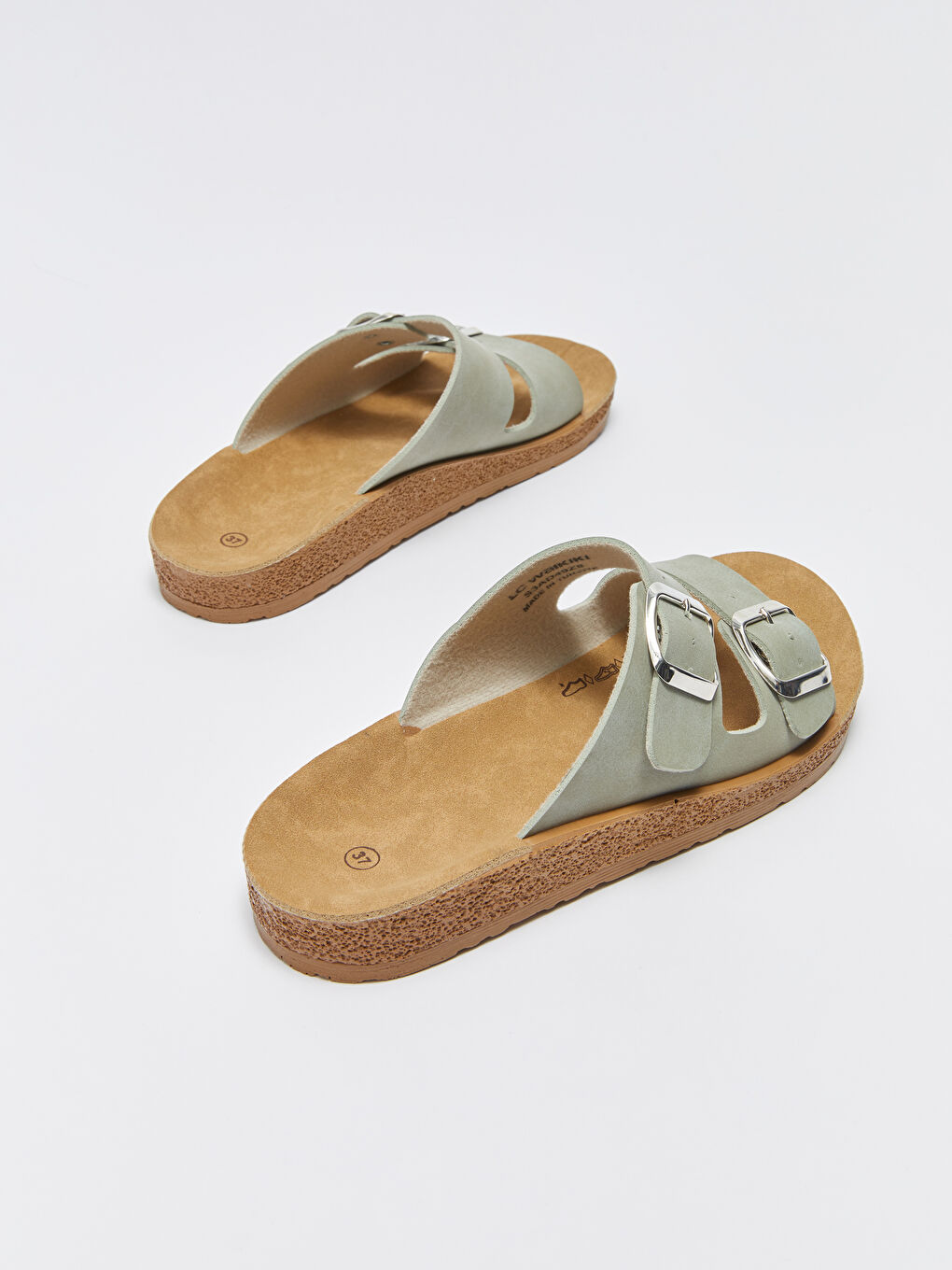 Yeşil Çift Bantlı Toka Detaylı Kadın Terlik-4