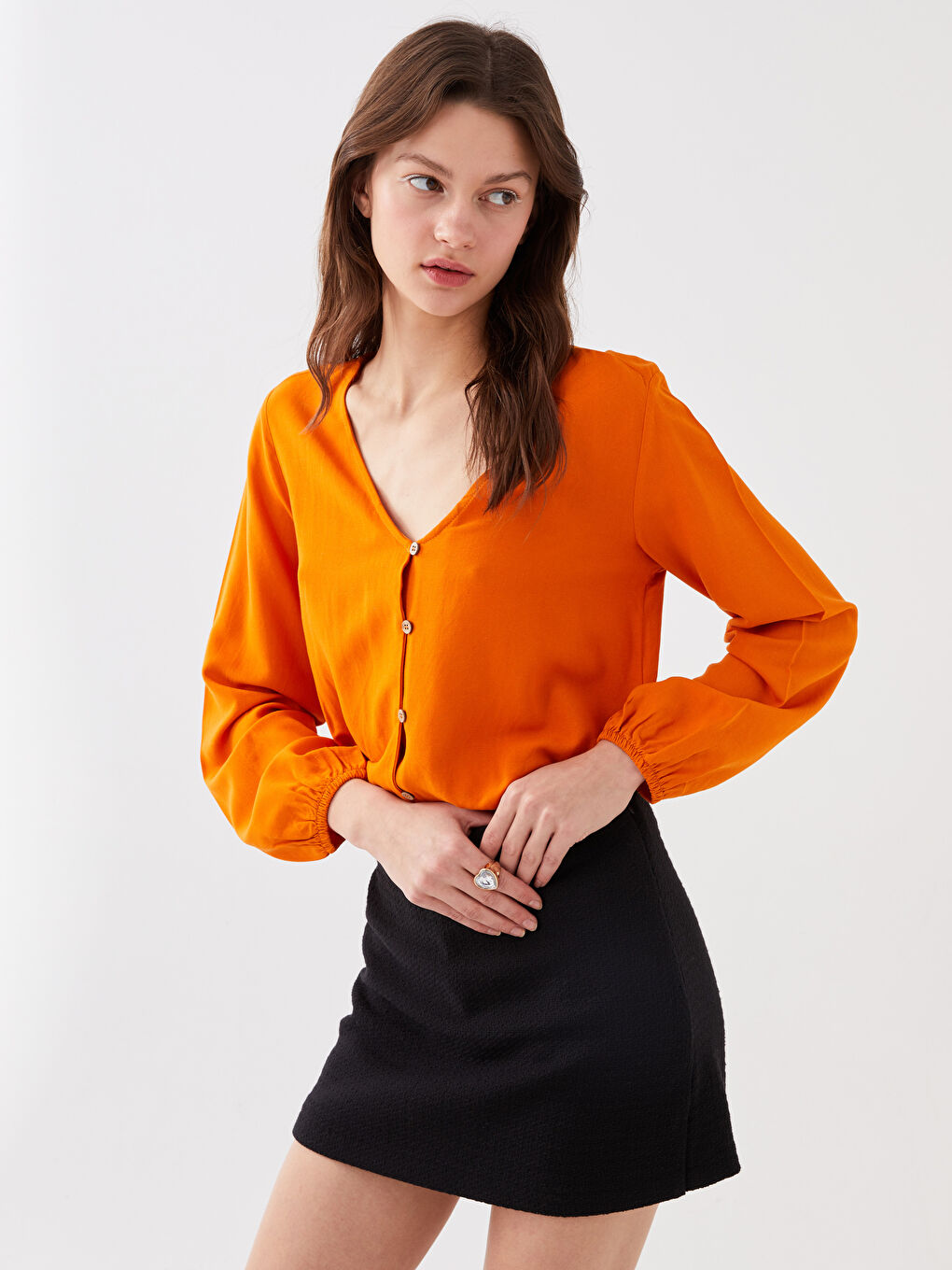 V Neck Straight Long Sleeve Linen Blend Women's Blouse