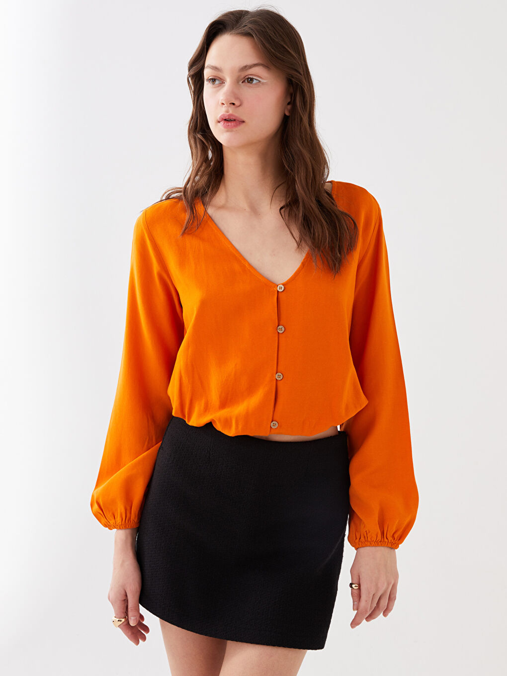 V Neck Straight Long Sleeve Linen Blend Women's Blouse-1