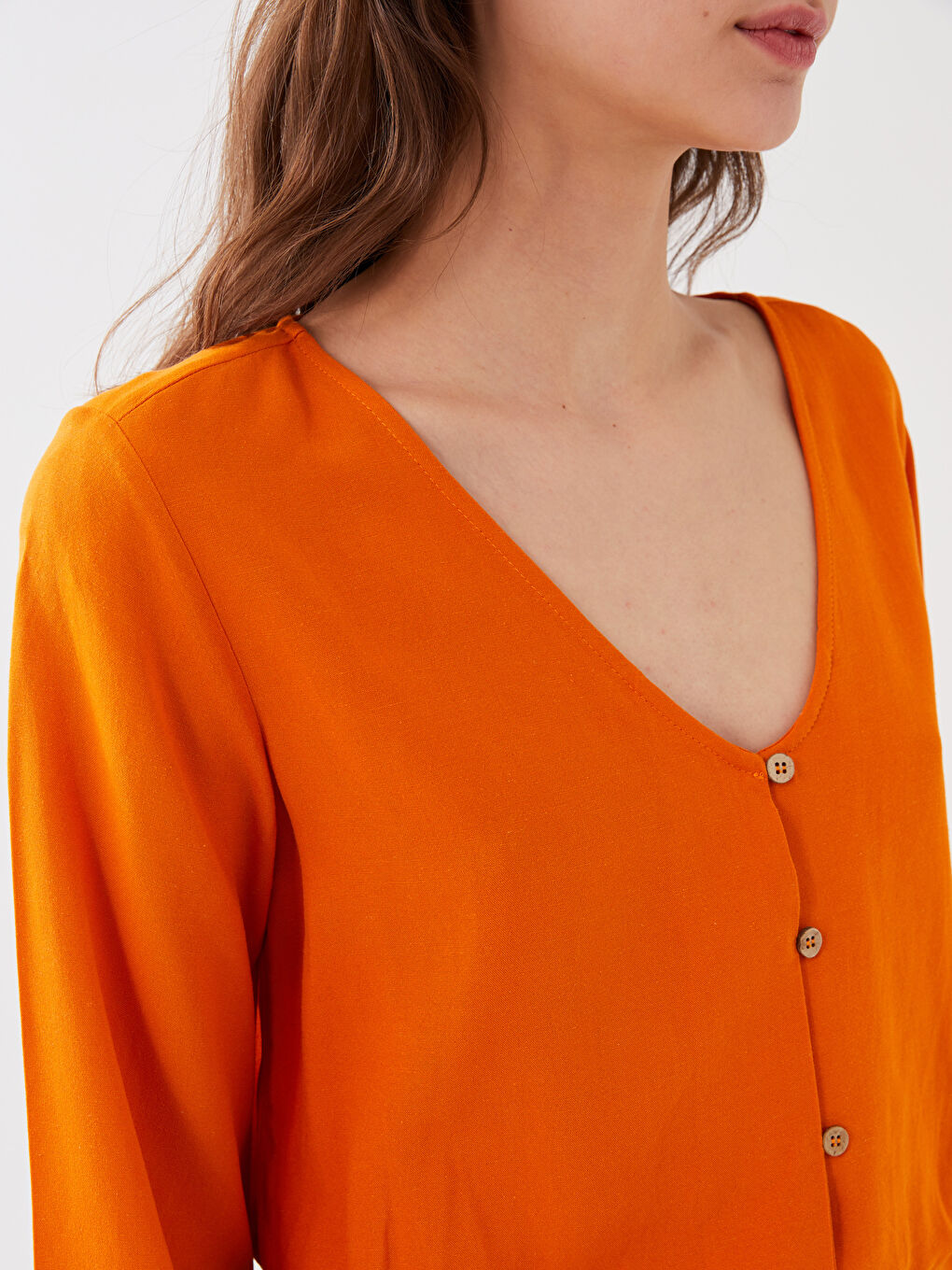 V Neck Straight Long Sleeve Linen Blend Women's Blouse-3