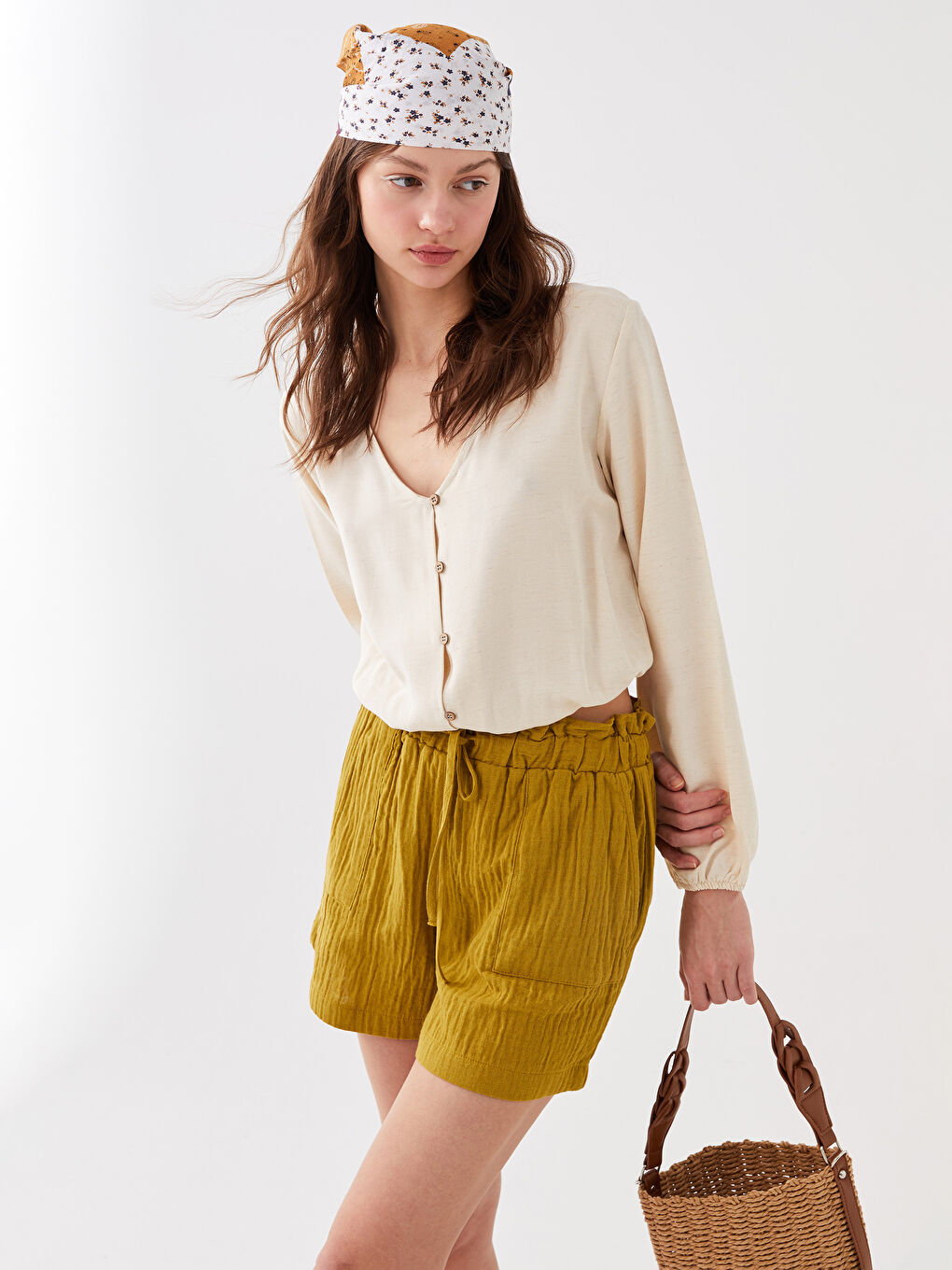 V Neck Straight Long Sleeve Linen Blend Women's Blouse