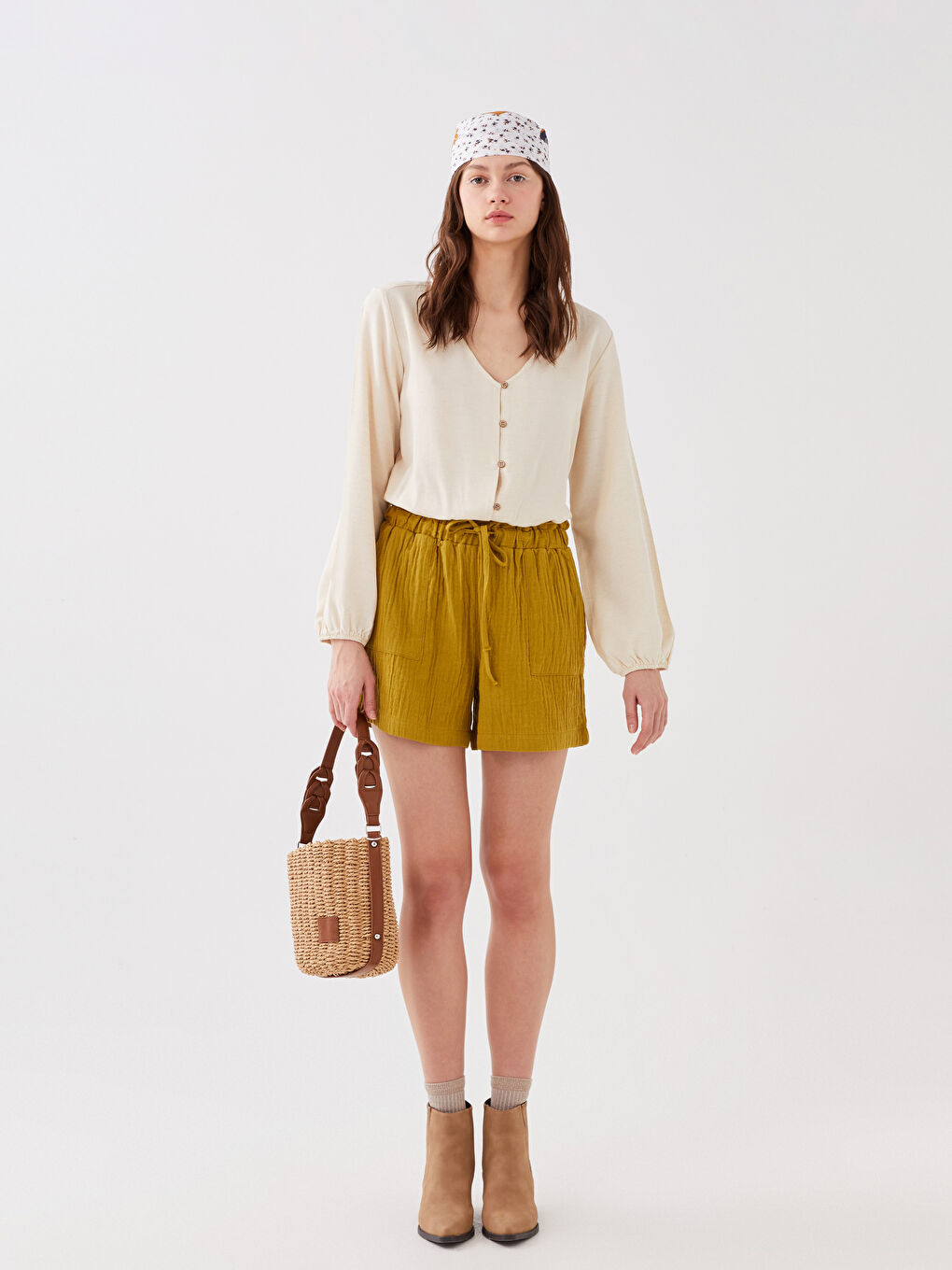 V Neck Straight Long Sleeve Linen Blend Women's Blouse-1