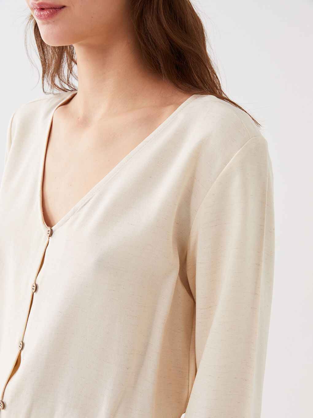 V Neck Straight Long Sleeve Linen Blend Women's Blouse-3