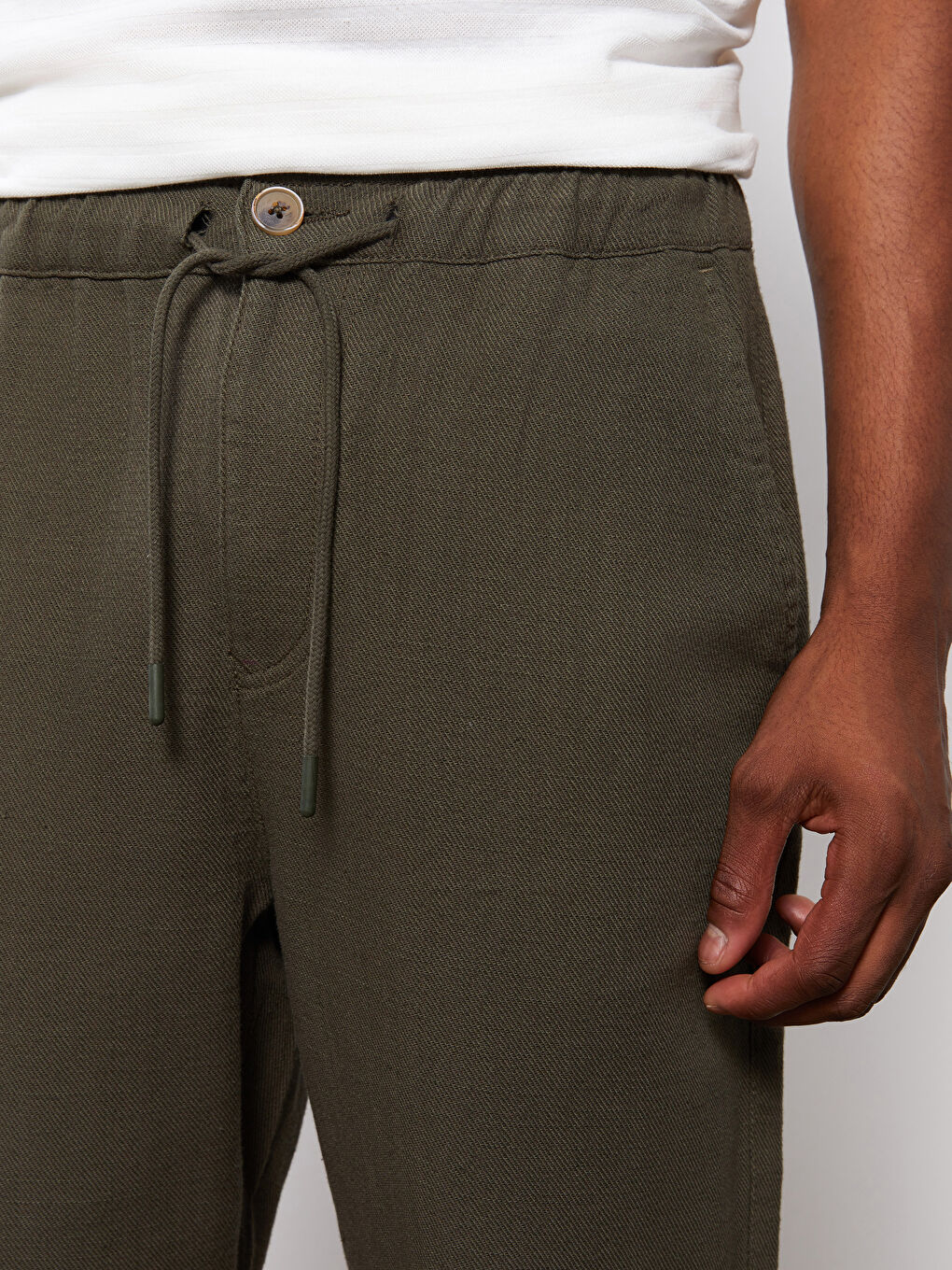 Haki Standart Kalıp Keten Karışımlı Erkek Jogger Pantolon-2