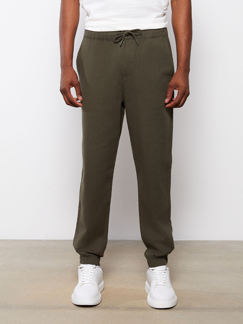 Haki Standart Kalıp Keten Karışımlı Erkek Jogger Pantolon-3