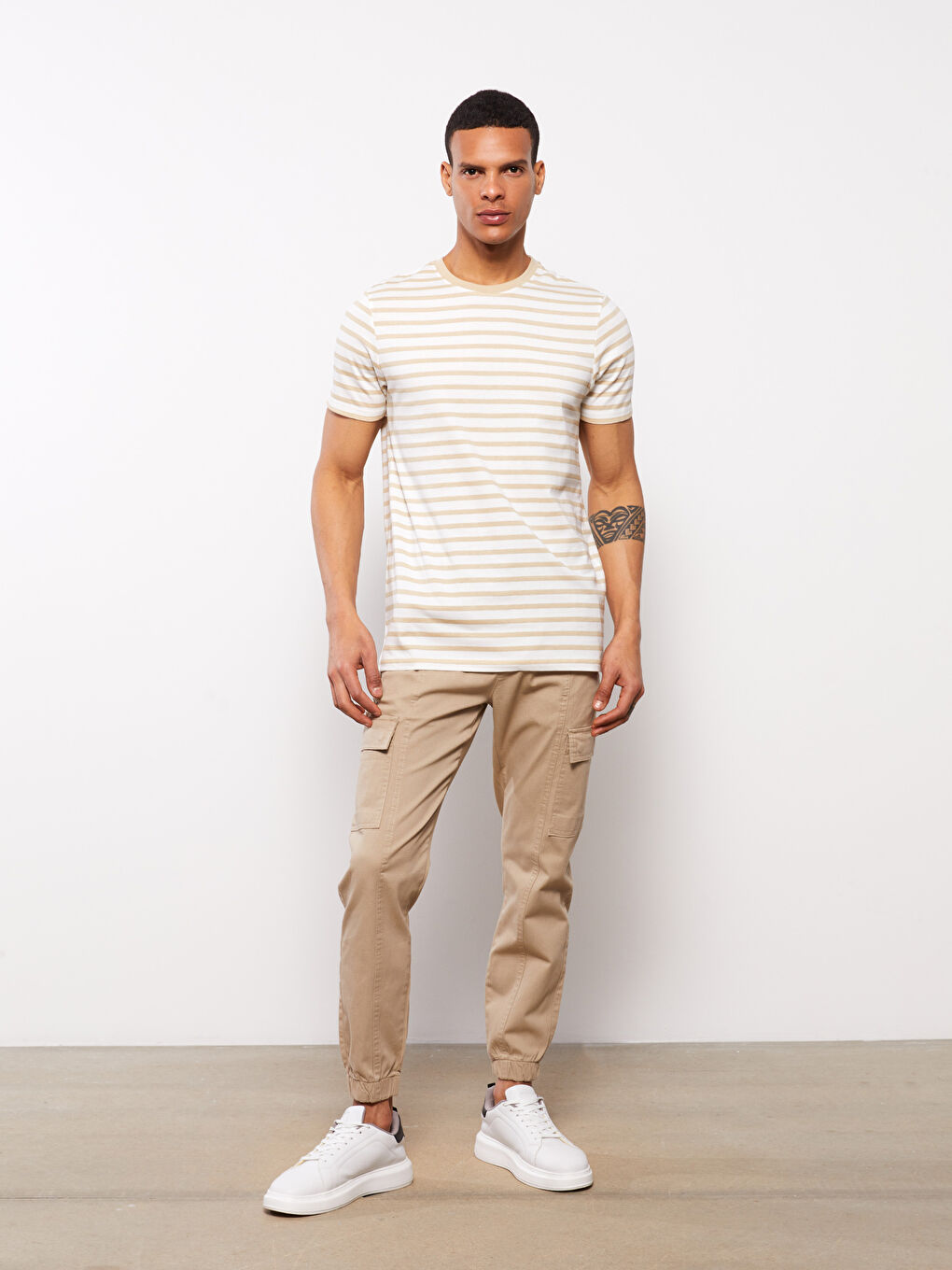 Bej Slim Fit Gabardin Erkek Jogger Pantolon-1