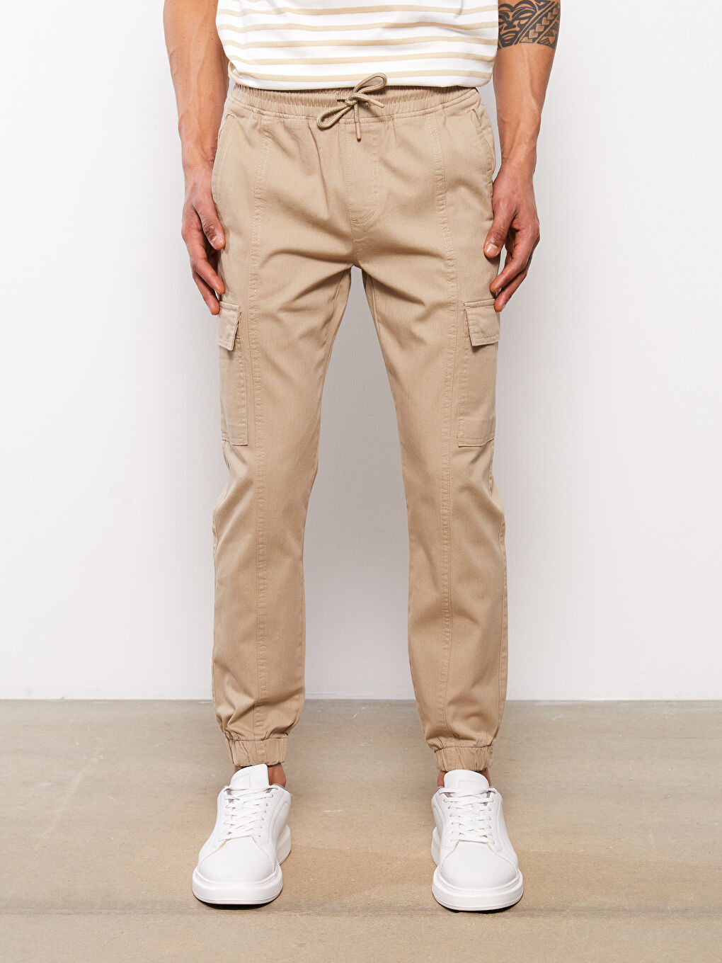 Bej Slim Fit Gabardin Erkek Jogger Pantolon-2