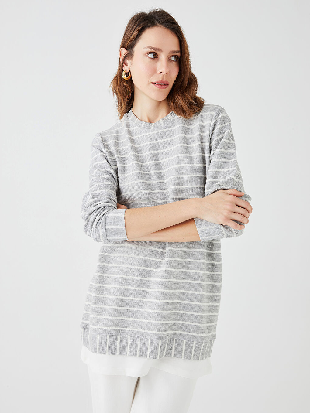 Tunique Pour Femmes Oversize Rayée à Manches Longues et Col Rond