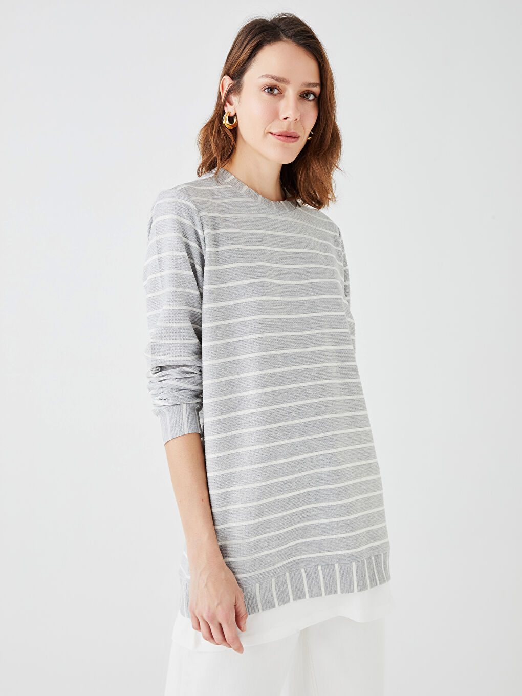 Tunique Pour Femmes Oversize Rayée à Manches Longues et Col Rond-1