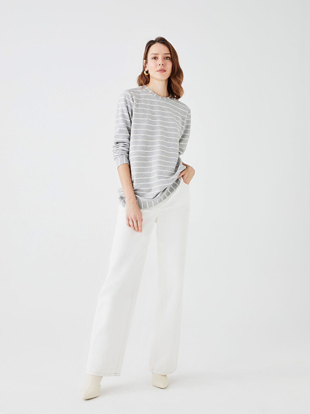 Tunique Pour Femmes Oversize Rayée à Manches Longues et Col Rond-2