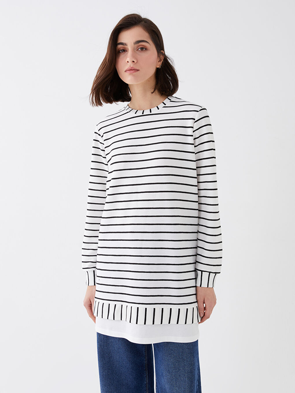 Crew Neck Striped Long Sleeve Oversize Women's Tunic-1