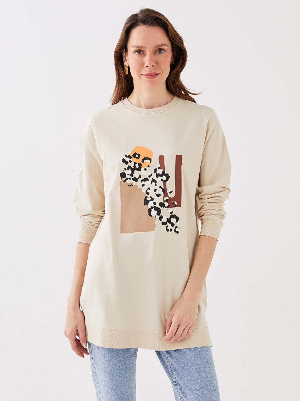 تونيك كم طويل مطبوع بياقة دائرية للسيدات