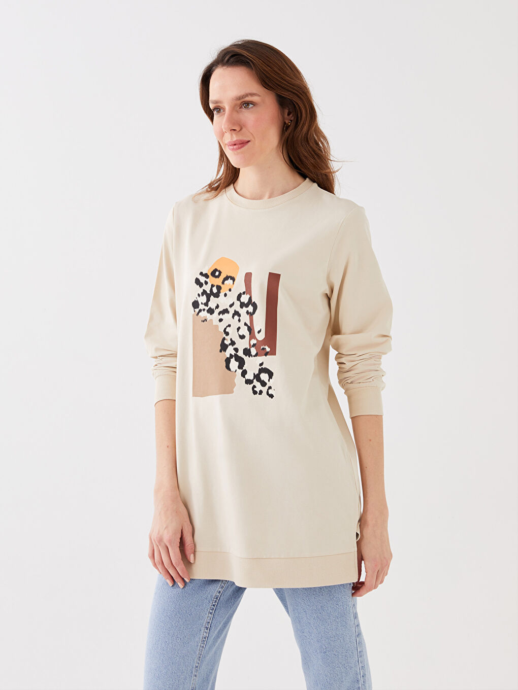 تونيك كم طويل مطبوع بياقة دائرية للسيدات-1