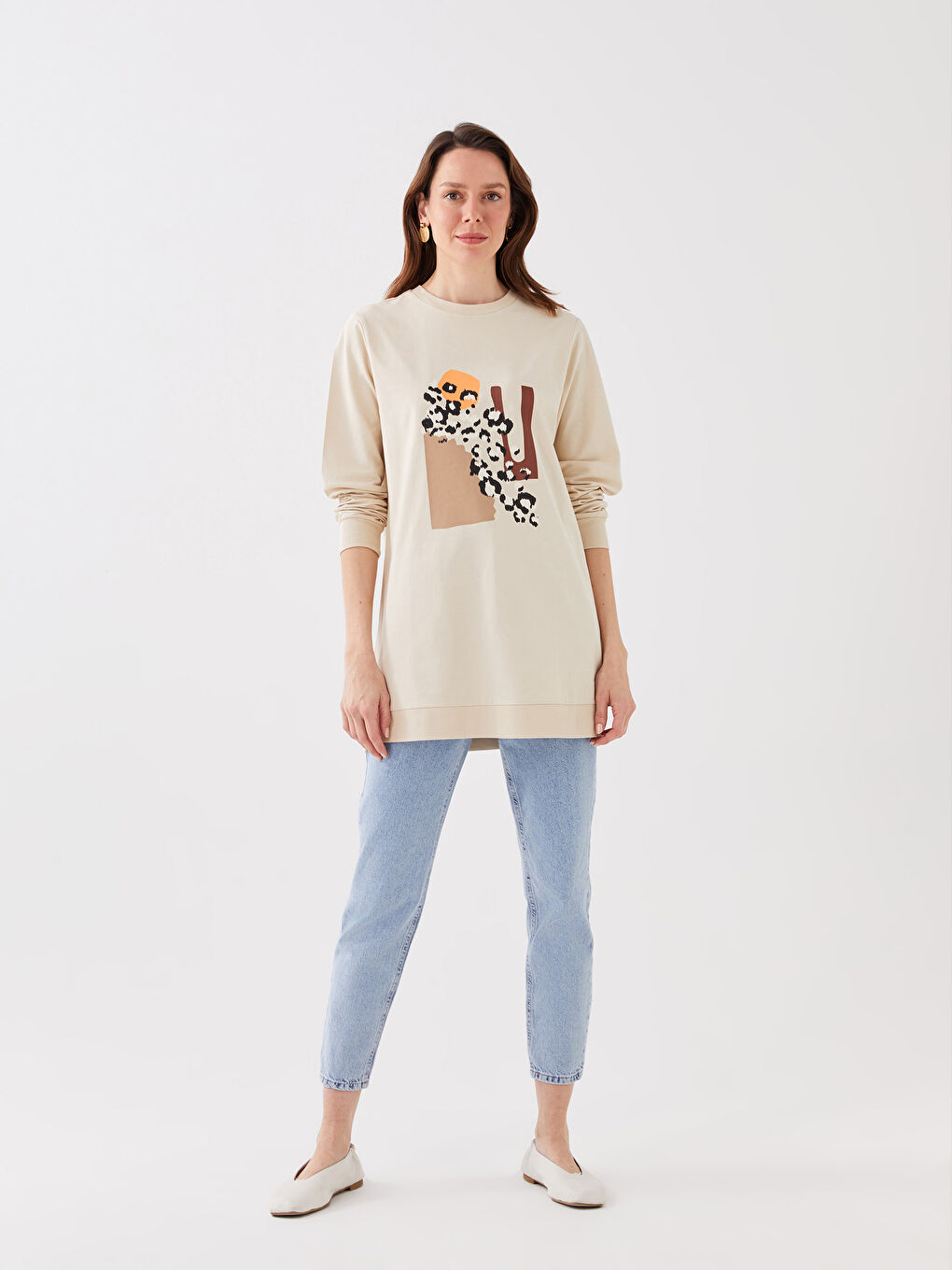 تونيك كم طويل مطبوع بياقة دائرية للسيدات-2