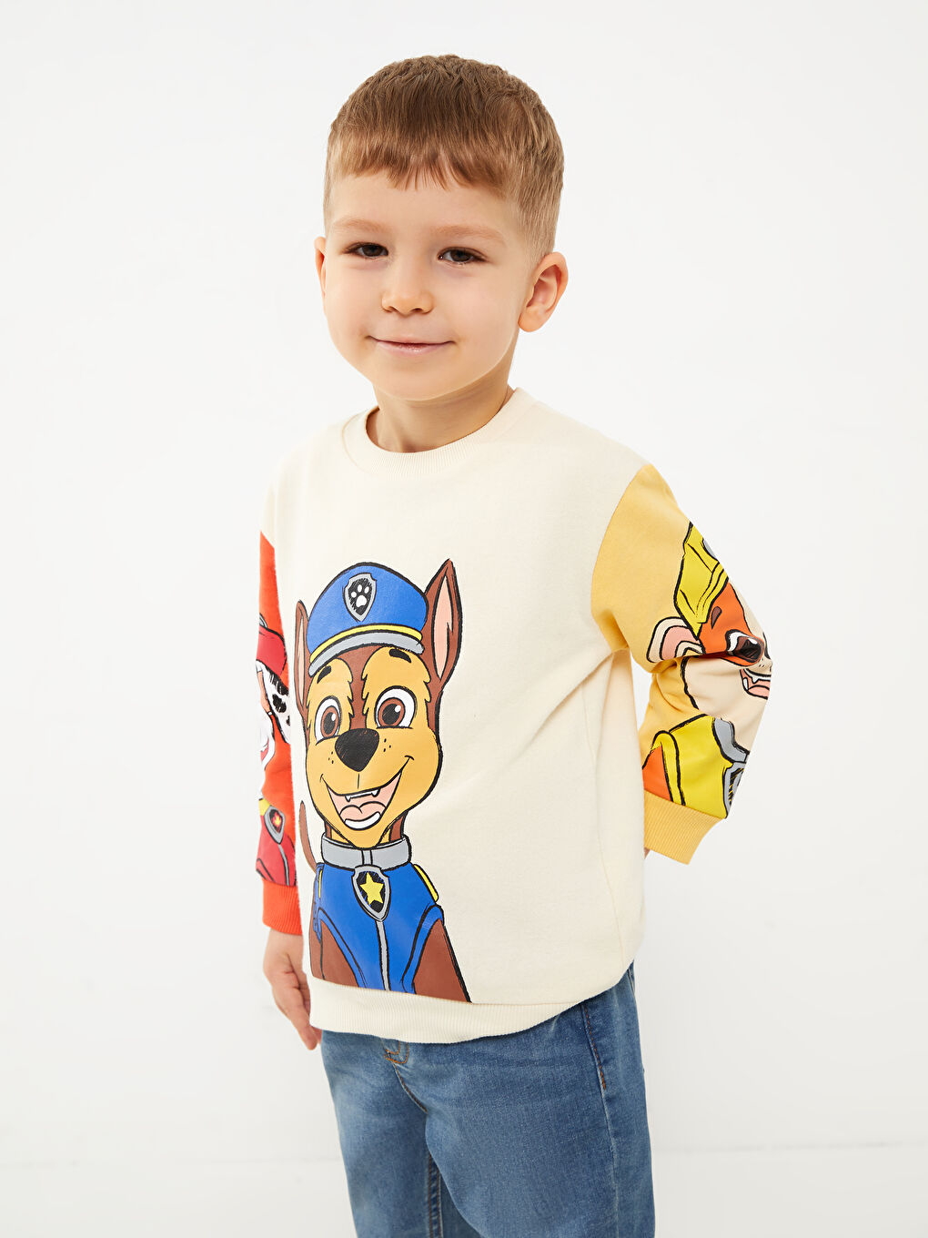 Bej Bisiklet Yaka Uzun Kollu Paw Patrol Baskılı Erkek Bebek Sweatshirt