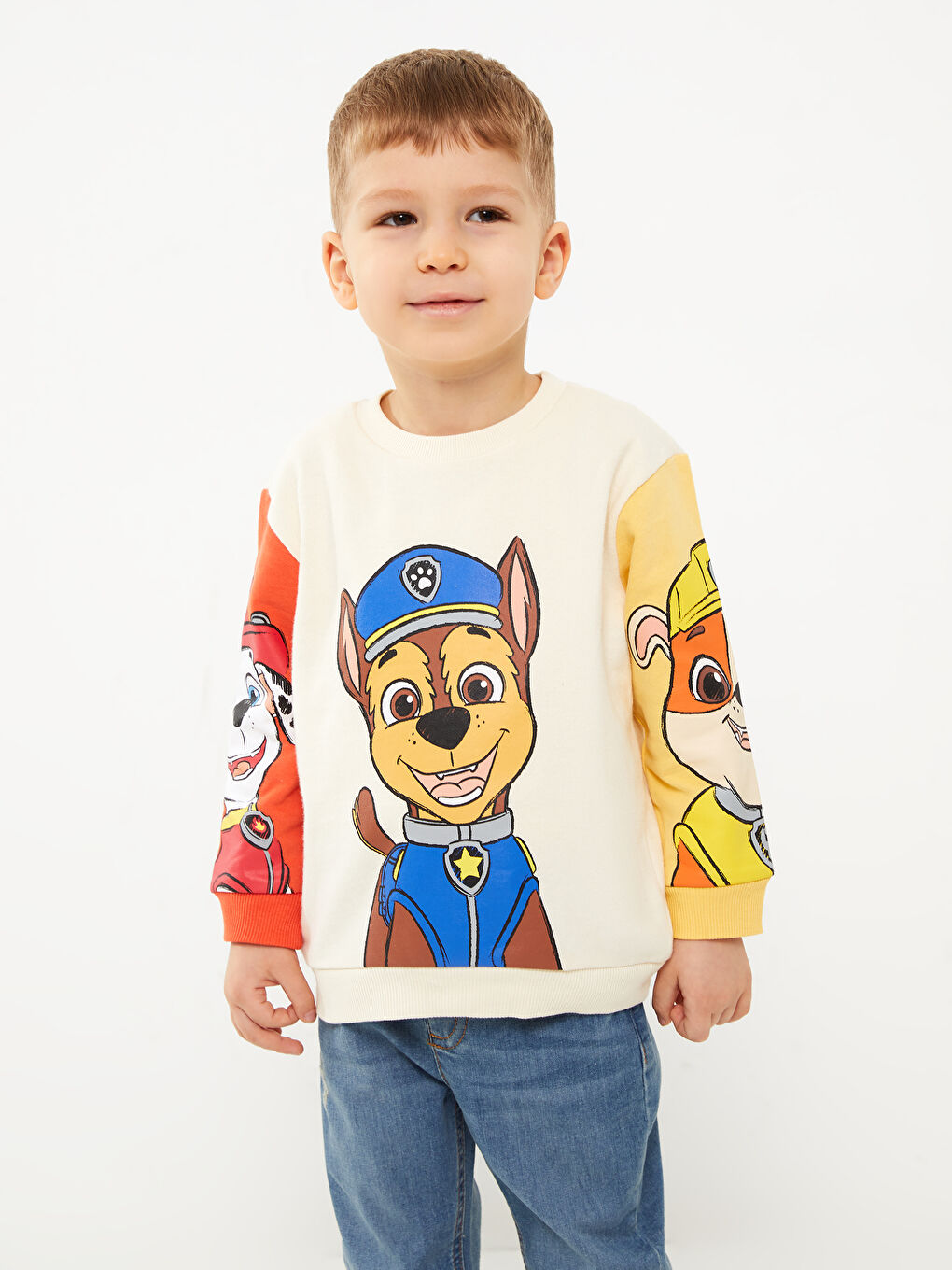Bej Bisiklet Yaka Uzun Kollu Paw Patrol Baskılı Erkek Bebek Sweatshirt-1