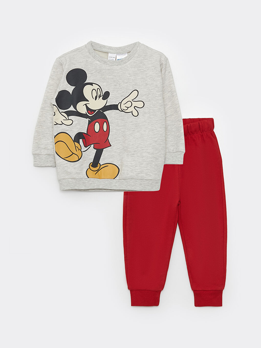 Beyaz Bisiklet Yaka Uzun Kollu Mickey Mouse Baskılı Erkek Bebek Sweatshirt ve Pantolon 2'li Takım