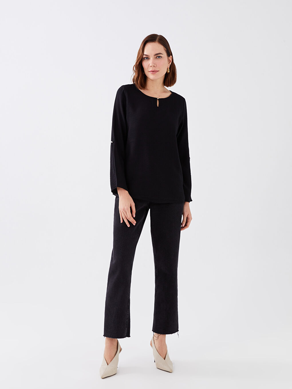 Crew Neck Plain Long Sleeve Women's Blouse -S3AE47Z8-CVL