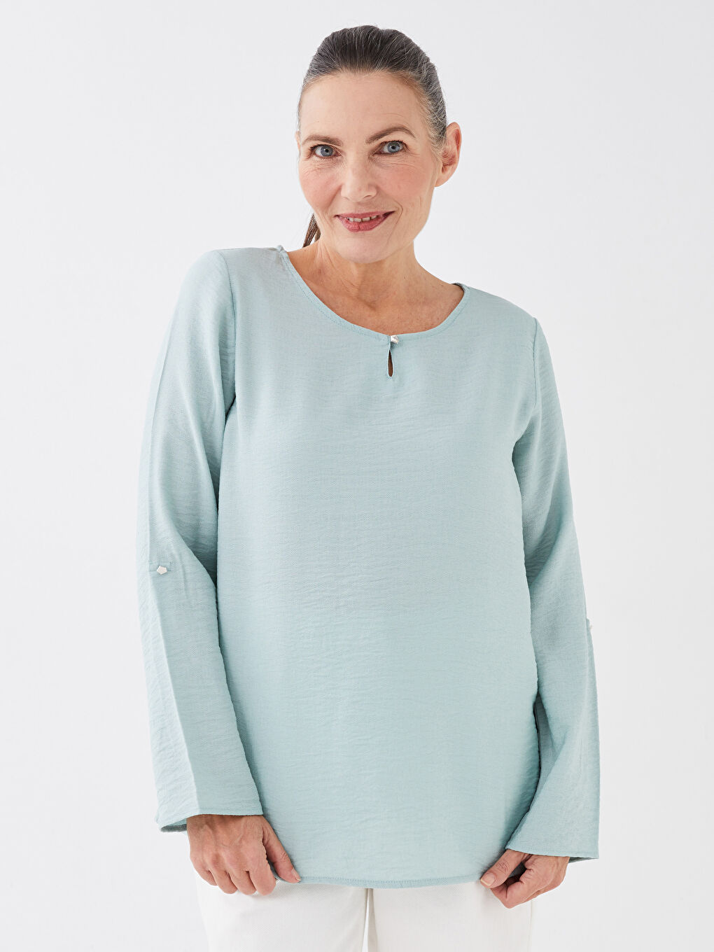 Yeşil Bisiklet Yaka Düz Uzun Kollu Kadın Bluz-1