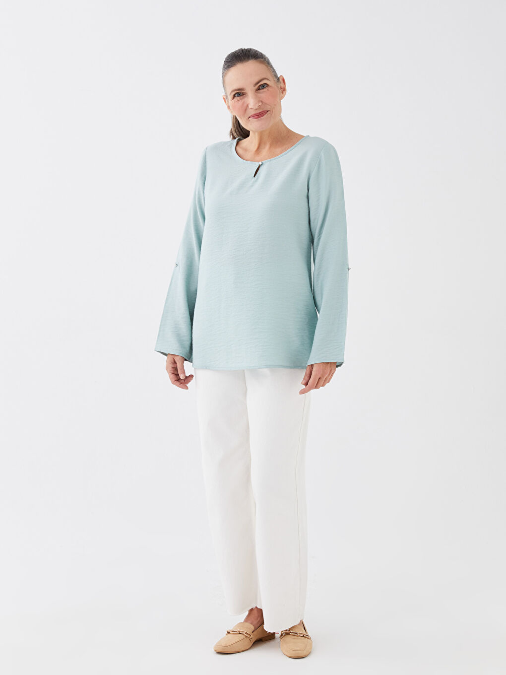 Yeşil Bisiklet Yaka Düz Uzun Kollu Kadın Bluz-2