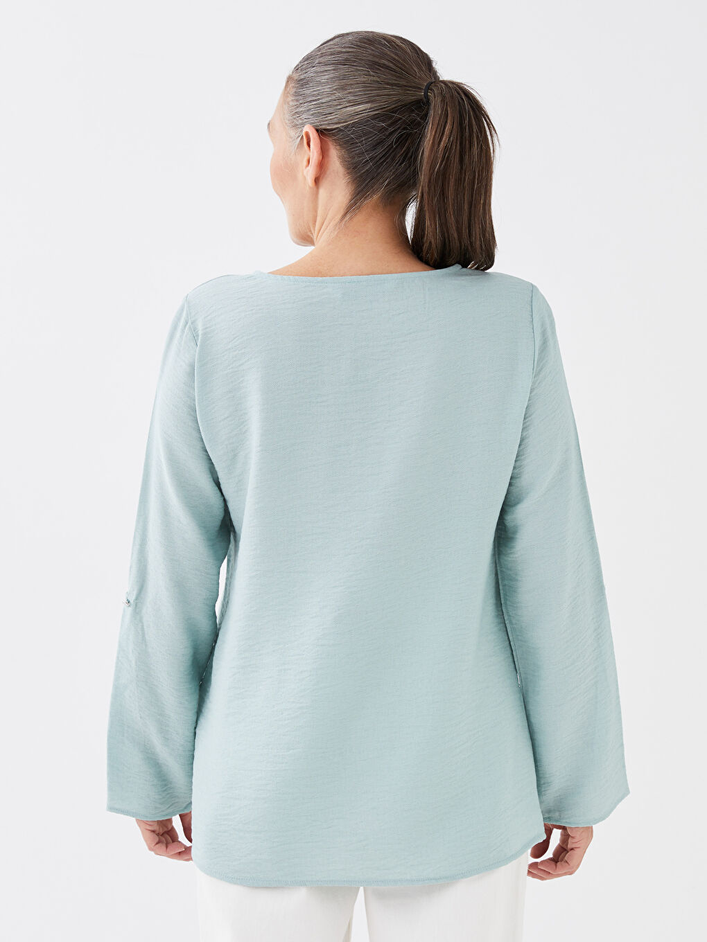 Yeşil Bisiklet Yaka Düz Uzun Kollu Kadın Bluz-4