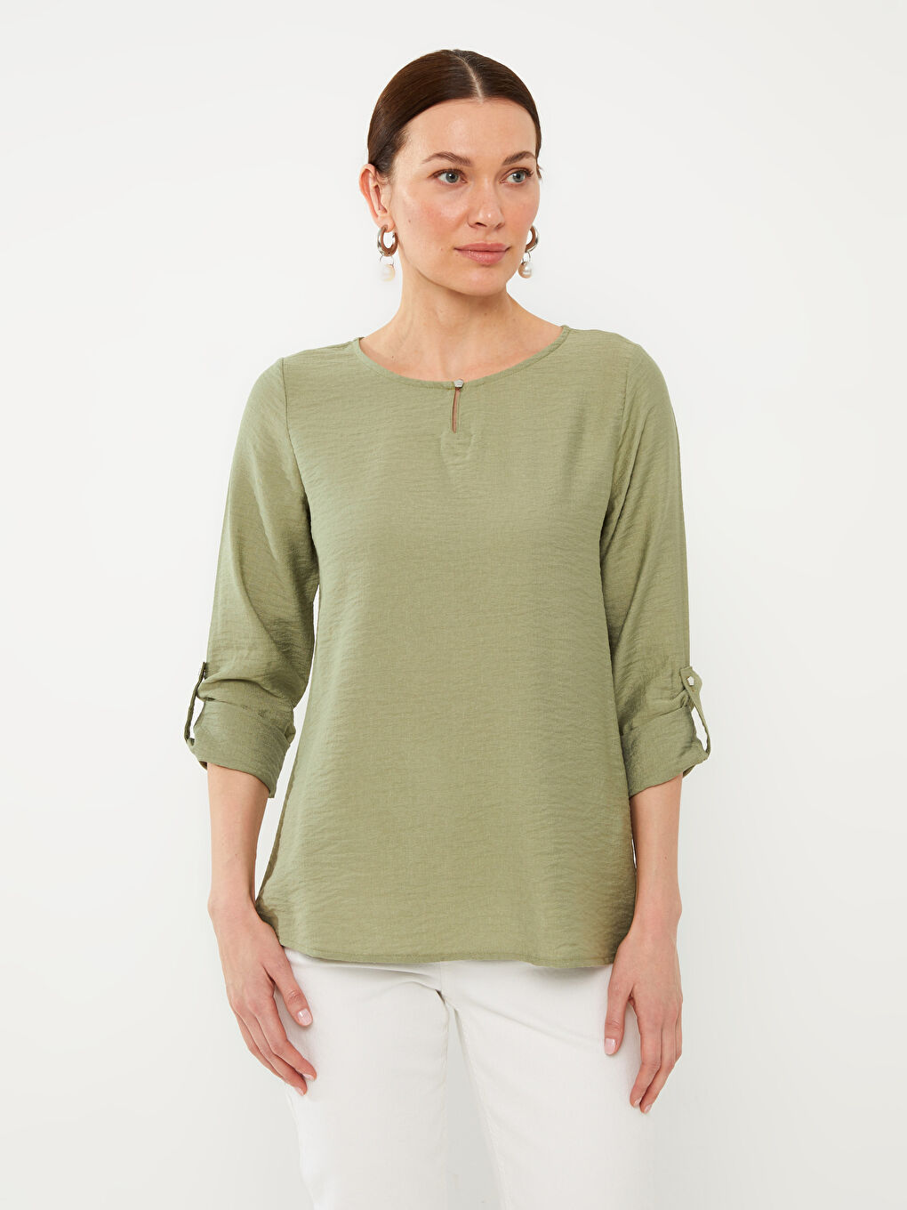 Crew Neck Plain Long Sleeve Women's Blouse-1