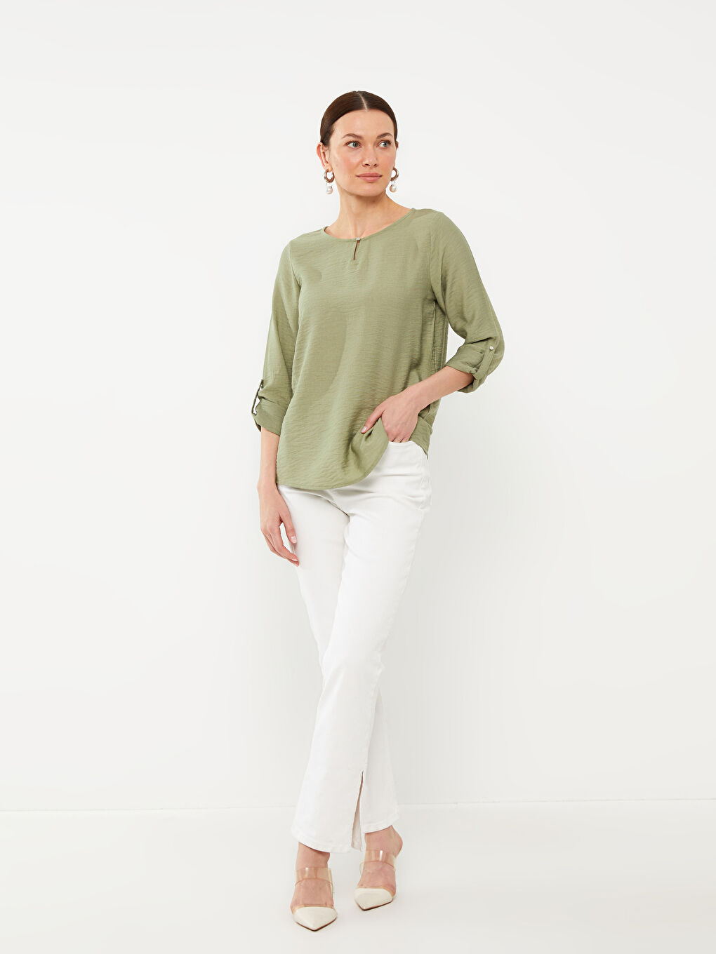 Crew Neck Plain Long Sleeve Women's Blouse-3