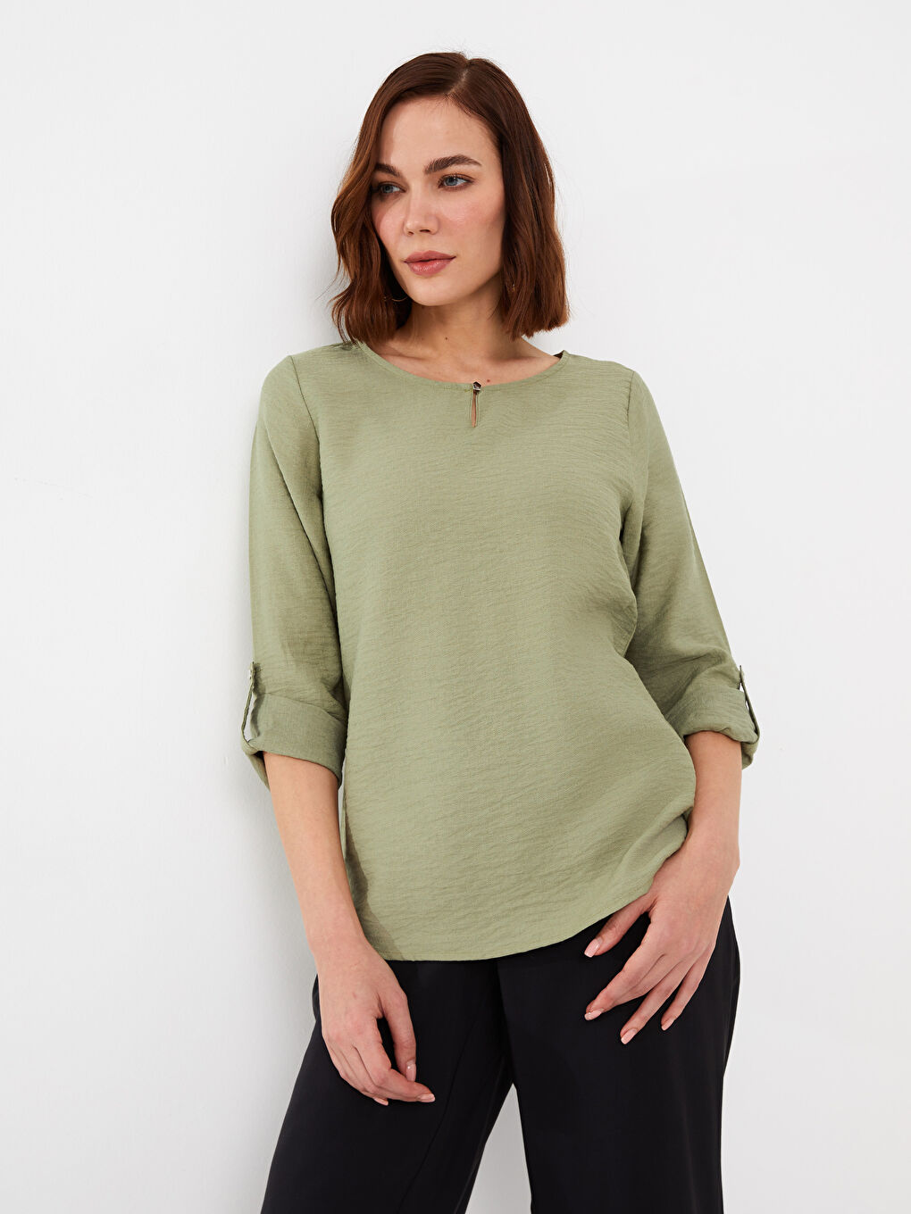 Crew Neck Plain Long Sleeve Women's Blouse