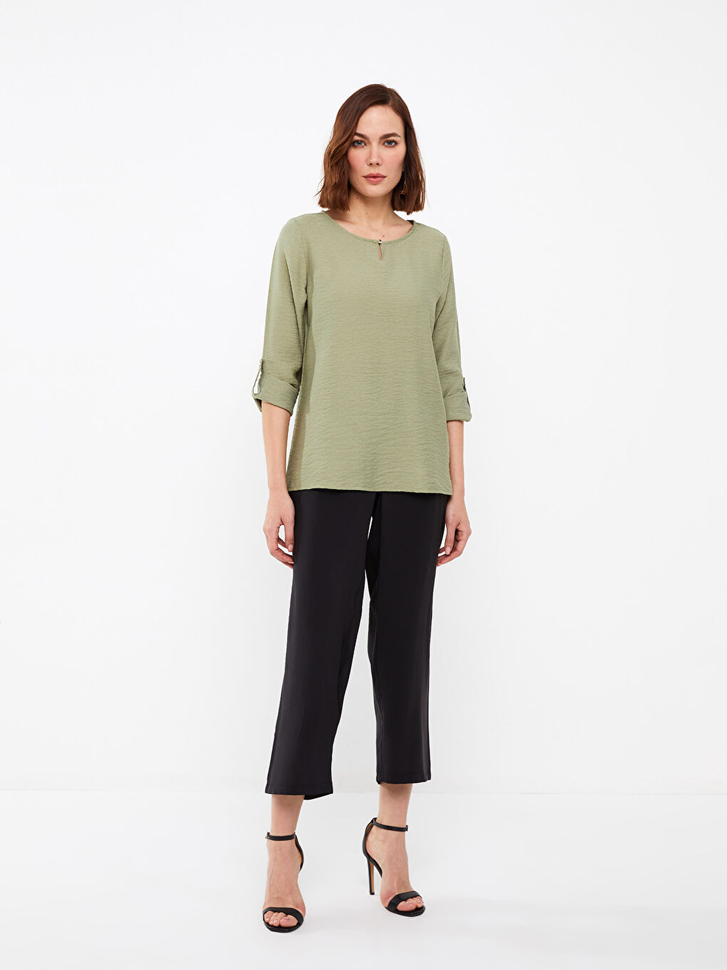 Crew Neck Plain Long Sleeve Women's Blouse-4