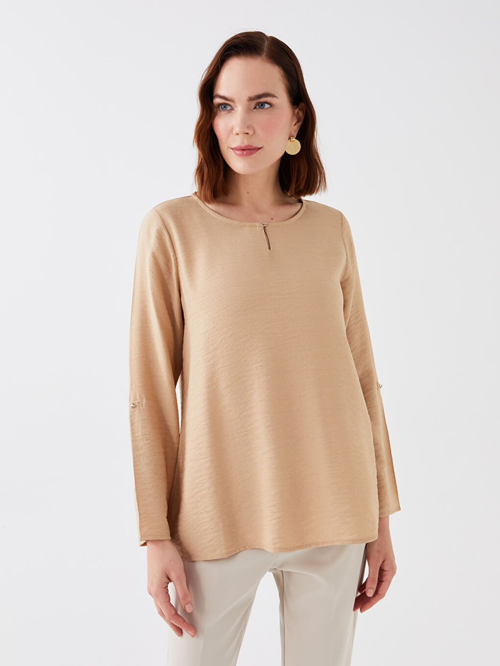 Bej Bisiklet Yaka Düz Uzun Kollu Kadın Bluz