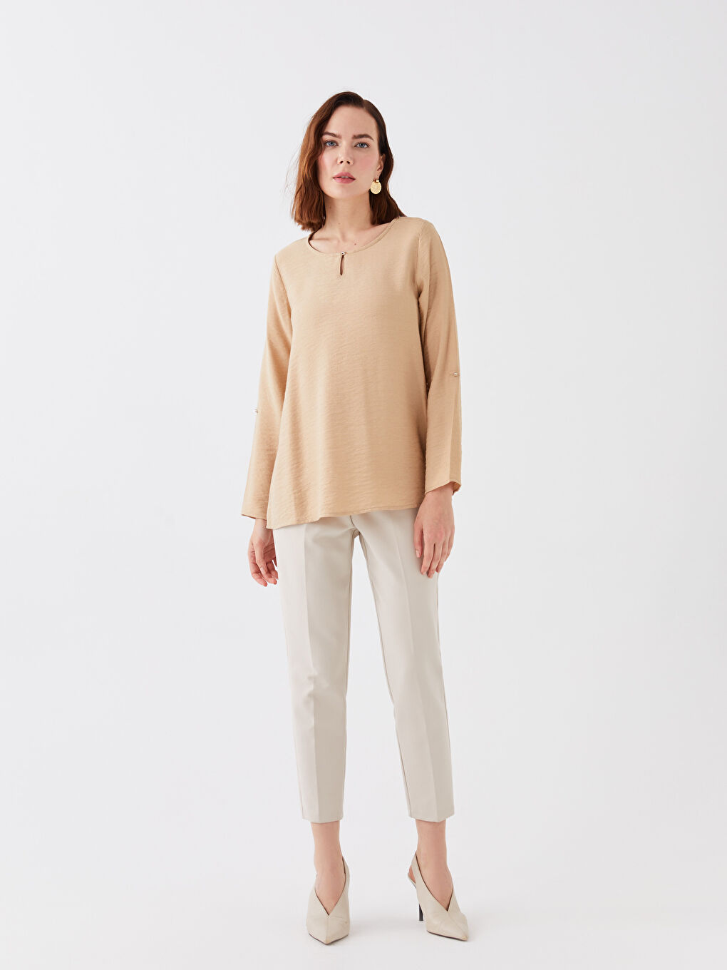 Bej Bisiklet Yaka Düz Uzun Kollu Kadın Bluz-1