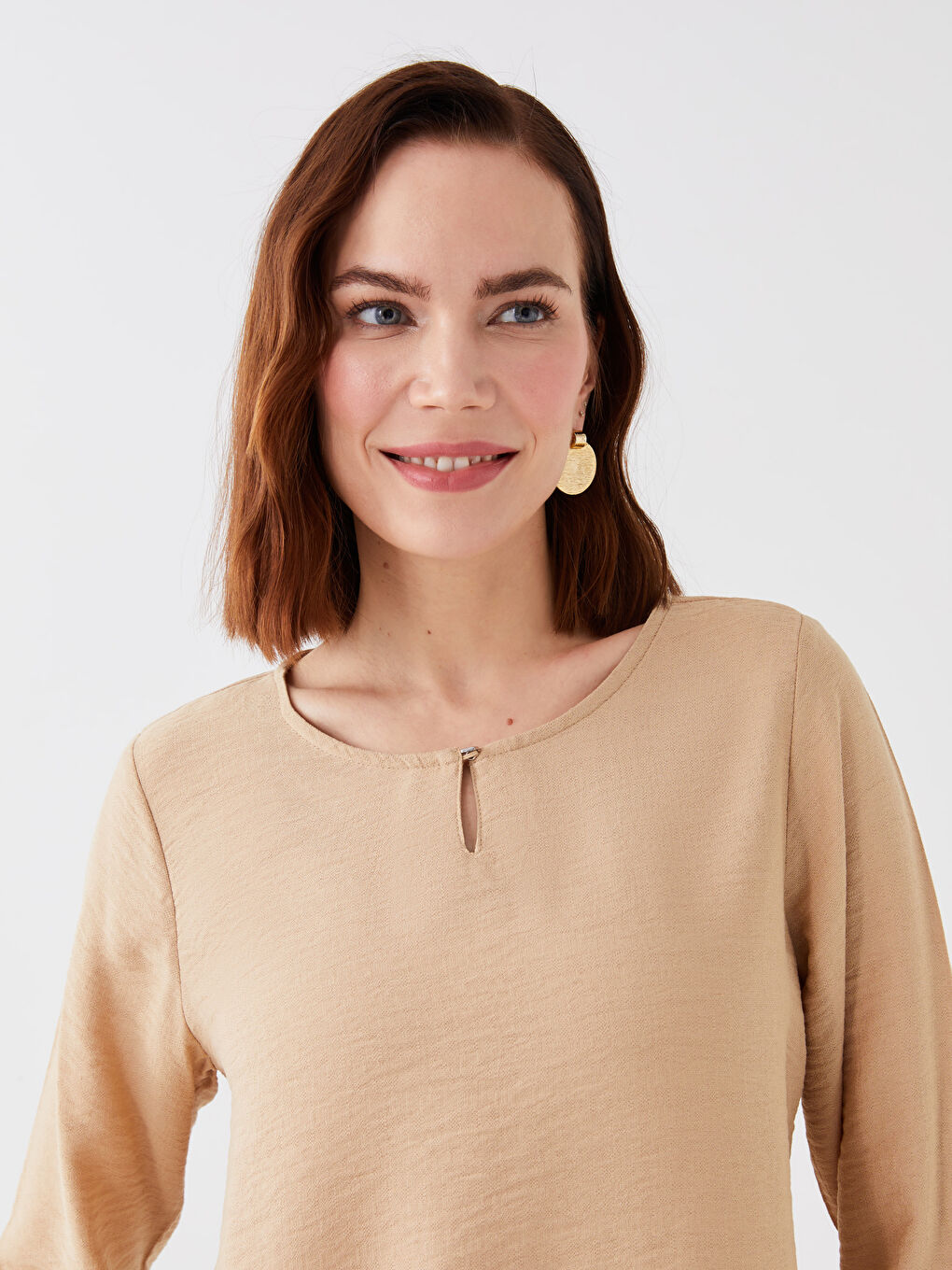 Bej Bisiklet Yaka Düz Uzun Kollu Kadın Bluz-2