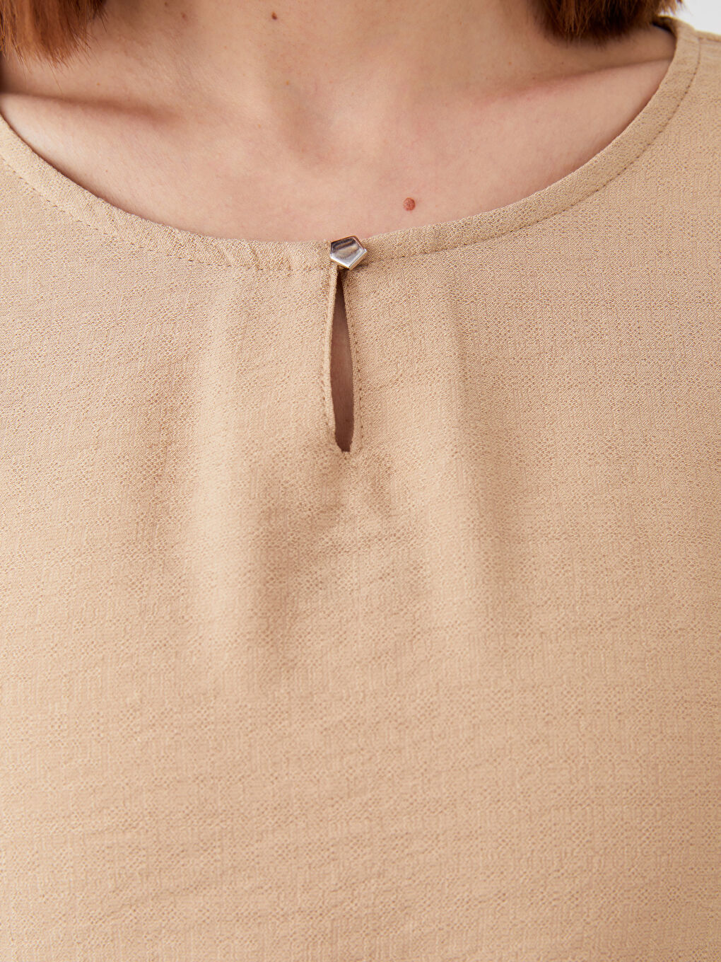 Bej Bisiklet Yaka Düz Uzun Kollu Kadın Bluz-3