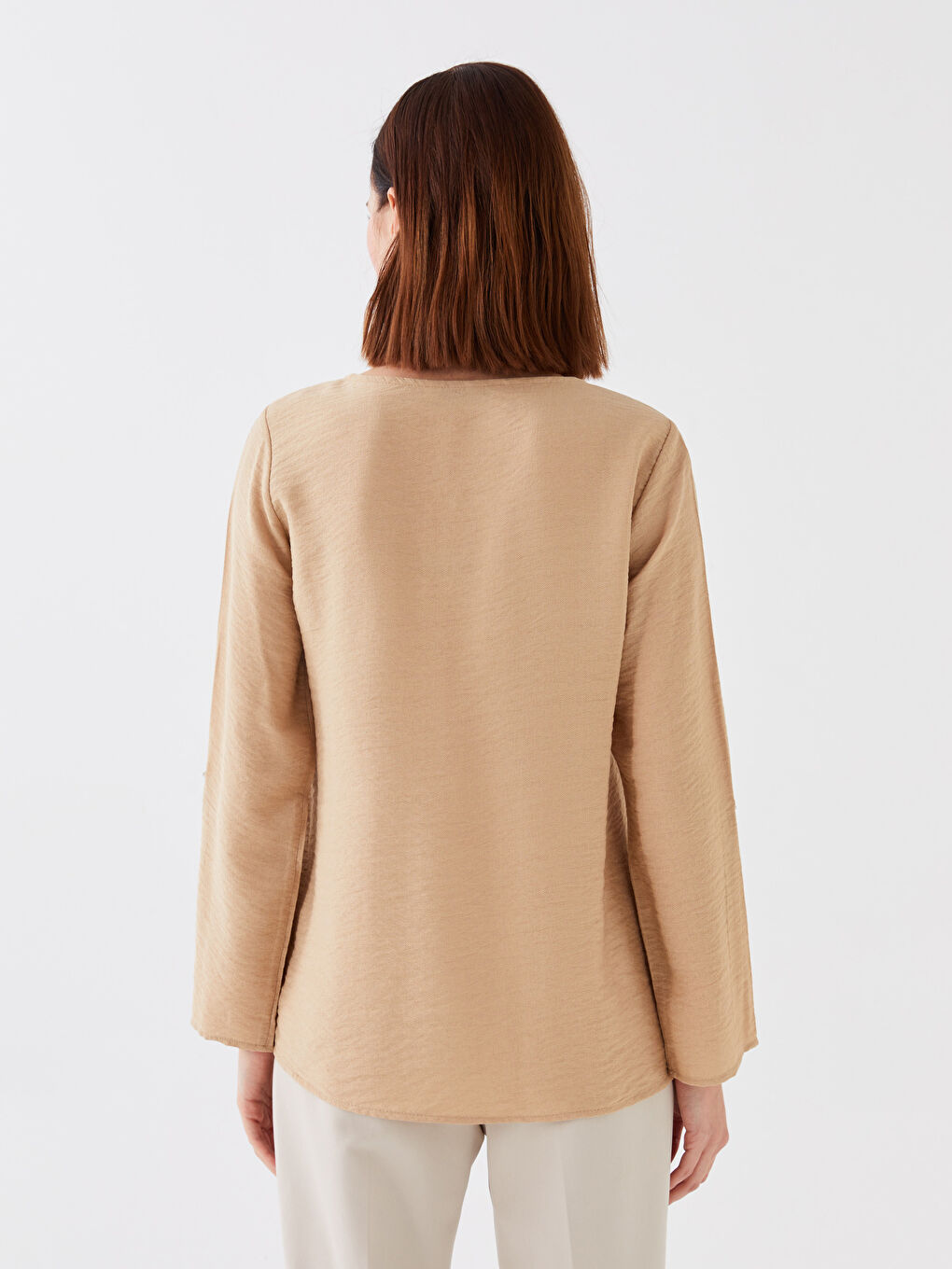 Bej Bisiklet Yaka Düz Uzun Kollu Kadın Bluz-4