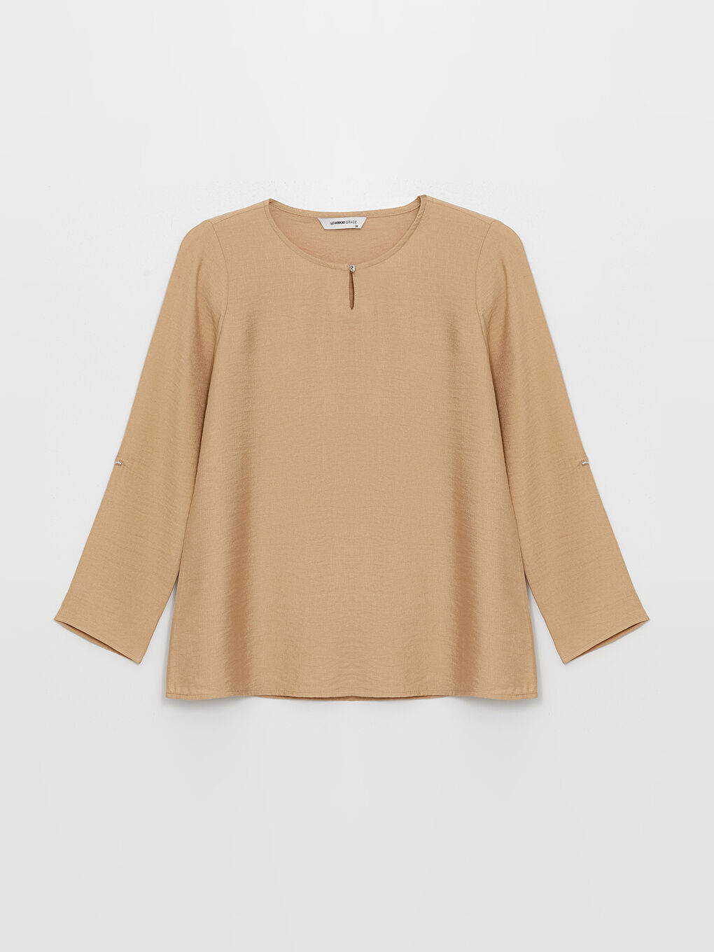 Bej Bisiklet Yaka Düz Uzun Kollu Kadın Bluz-5