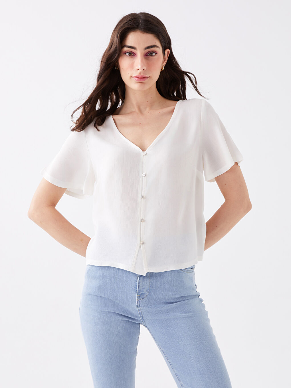 LC Waikiki V-Neck Plain Short Sleeve Women's Blouse -S3AE57Z8-R9J