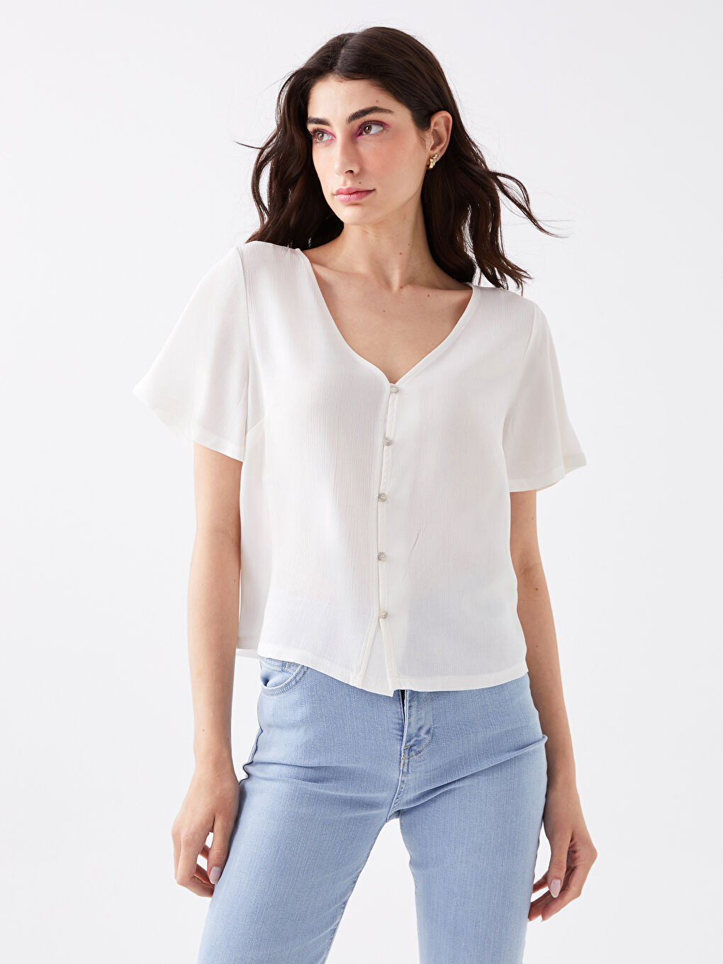 LC Waikiki V-Neck Plain Short Sleeve Women's Blouse -S3AE57Z8-R9J